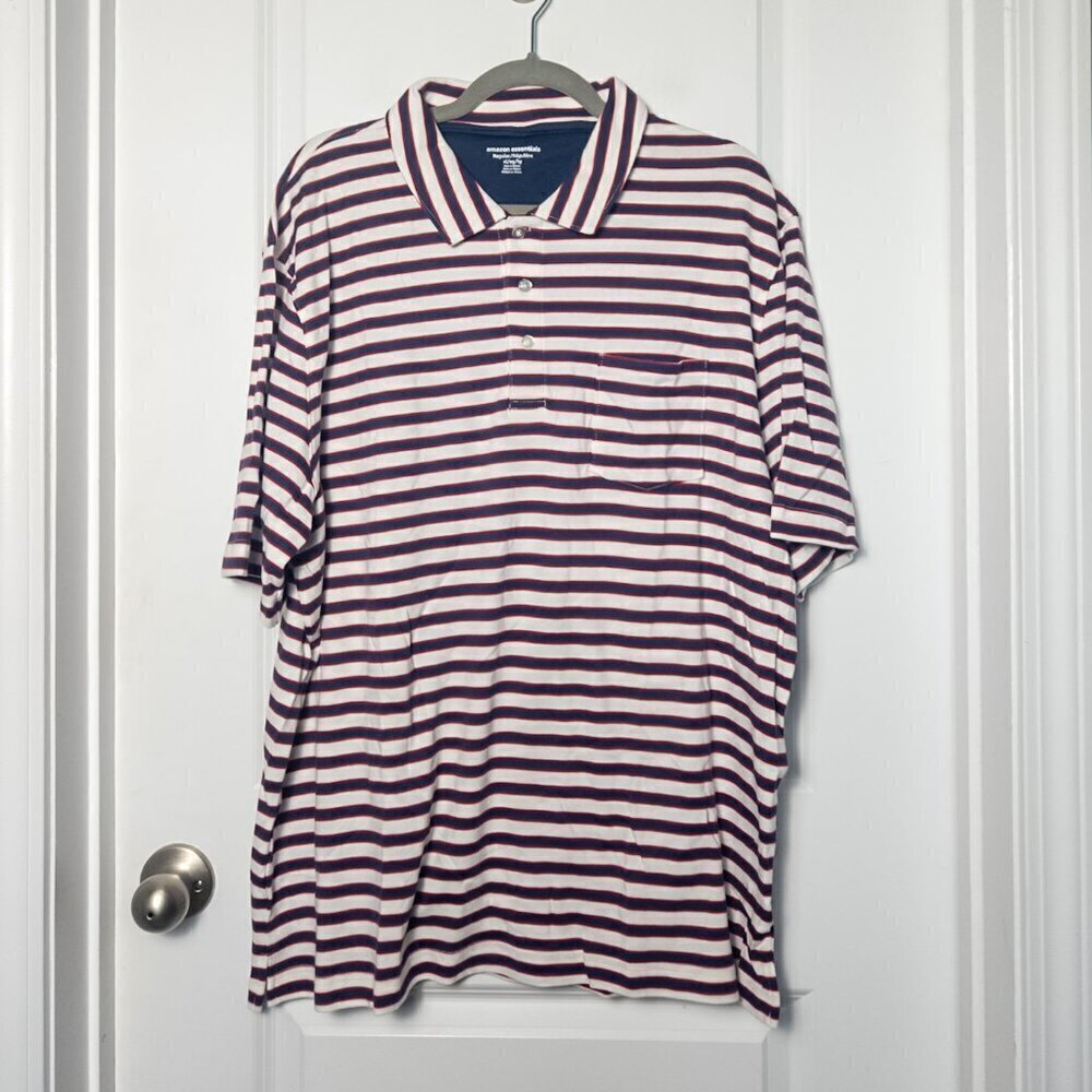 NWT Amazon Essentials Men's Polo with pocket - XL Red/Blue Striped